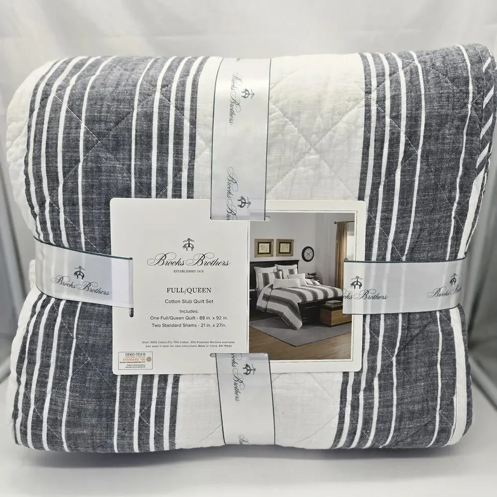 BROOKS BROTHERS Nantucket Stripe Quilt Set WHITE NAVY Blue QUEEN FULL Shams NWT